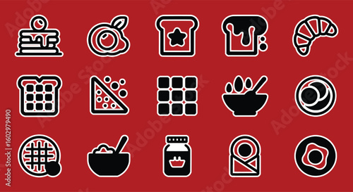 Breakfast food icons pancakes toast eggs croissant cereal jam bowl vector