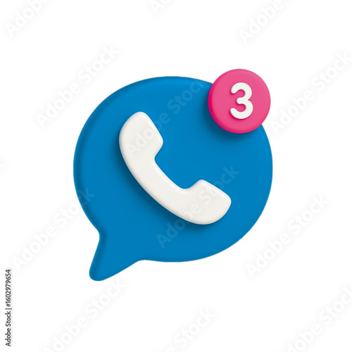 Blue speech bubble with white phone icon and notification badge isolated on transparent background