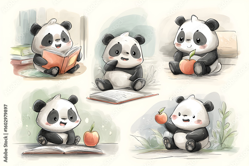 Fototapeta premium Adorable Panda Characters Enjoying Books and Apples in Various Poses