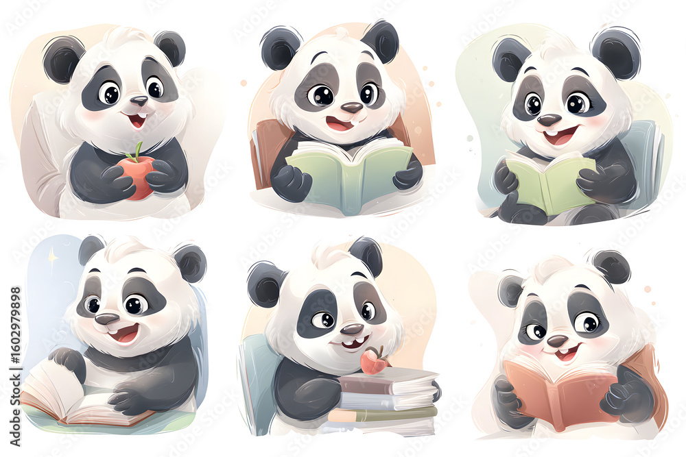 Obraz premium Charming Panda Characters Engaged in Reading Activities with Books