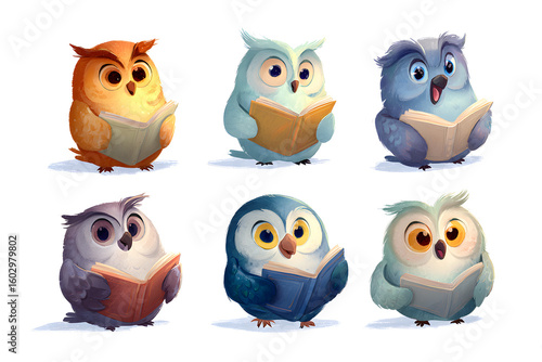 Wallpaper Mural Cute Cartoon Owls Reading Books in Various Expressions and Colors Torontodigital.ca