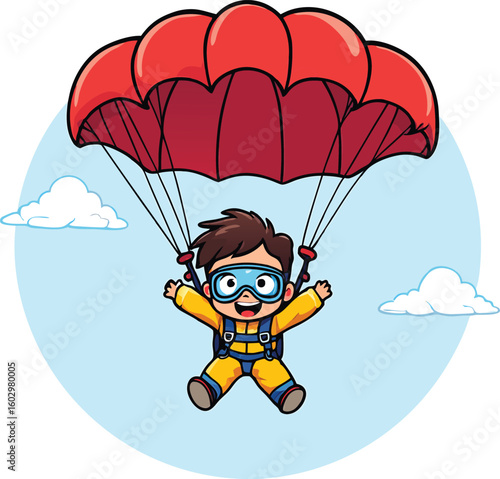 Joyful young skydiver descending with a red parachute in a clear blue sky