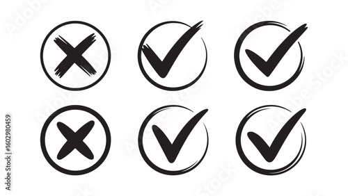 Set of vector silhouettes of different cross, tick mark icons. Modern minimalist tick mark icon for checklists and approvals