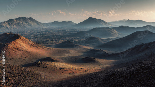 The terrain reveals the aftermath of a volcanic eruption, where black ash blankets the ground, long shadows stretch across lava rocks, and craters emit smoke in the dimming light of evening