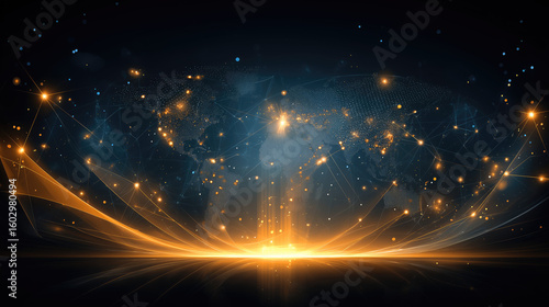 Futuristic World Map Composed of Glowing Data Points, Lines & Orange Flare
