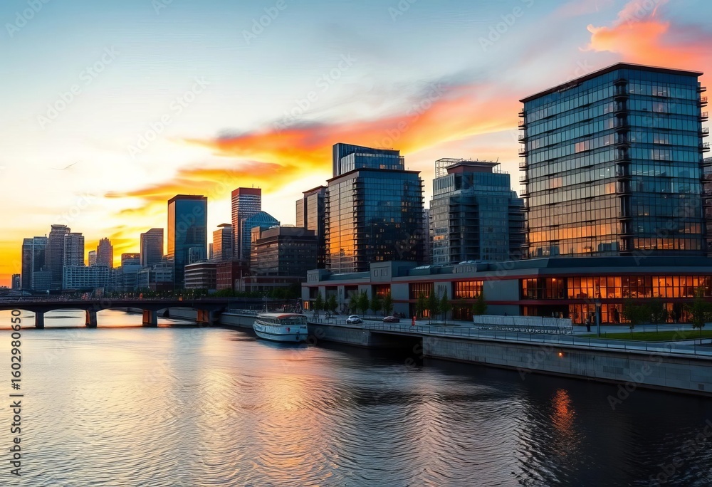 Naklejka premium Kitchener's downtown skyline at sunset, showcasing modern and historic architecture, horizon, aerial view