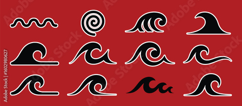 Diverse black wave silhouettes with white outlines on a red background water ocean