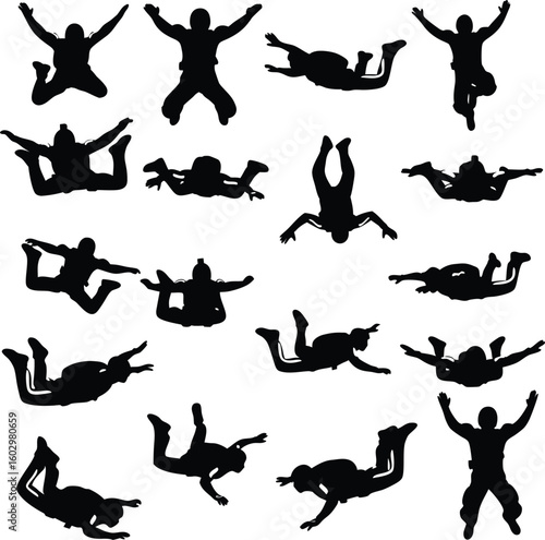 Silhouetted skydivers in various poses depicting the thrill of extreme aerial sport