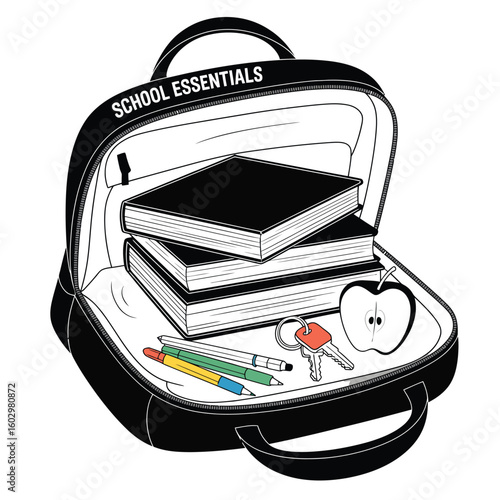 Black and white vector illustration of school essentials inside an open bag with textbooks, pens, apple, and keys on white background