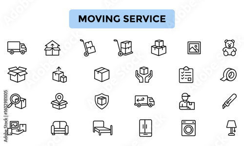 Moving Service Line Icon Pack – Unique Icons for Relocation, Packing, Transport, and Logistics