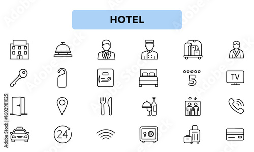 Hotel Line Icons Pack – Unique Vector Icons for Hospitality, Travel, Booking, and Accommodation Services