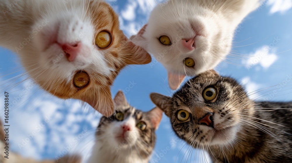 Fototapeta premium cats looking down into the camera Wide-angle shot