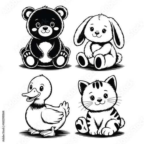 Black and white vector illustration set of cuddly plush animals including bear, bunny, duck, and cat in a soft, rounded style on gray background
