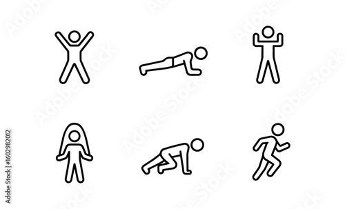 Minimalist exercise icons set featuring workout poses in line art style
