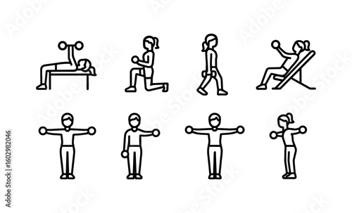 Exercise icons set: line art fitness illustrations for workout planning