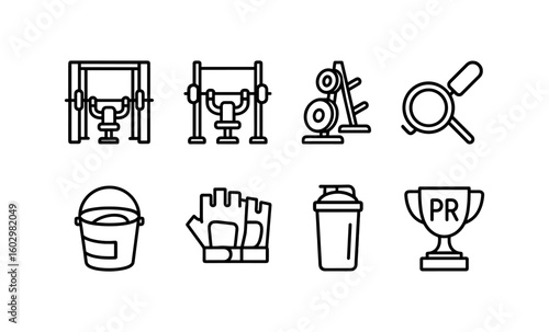 Linear gym equipment icons set with dumbbells, weights, gloves, and trophies