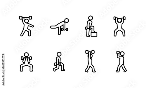 Simple line icons of workout exercises with dumbbells