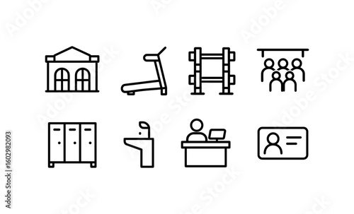 Minimalist gym icons: treadmill, dumbbells, locker, and more in linear style