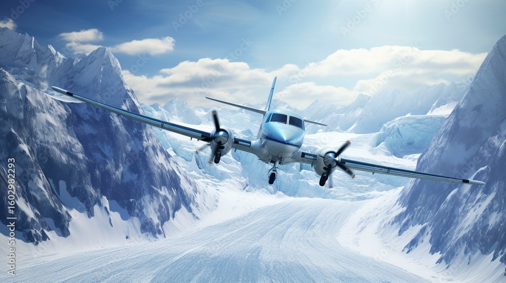 Naklejka premium A photo of a plane flying over a glacier