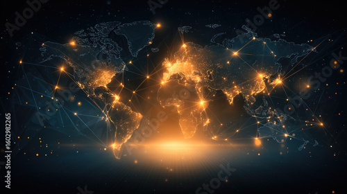 Futuristic World Map Composed of Glowing Data Points, Lines & Orange Flare
