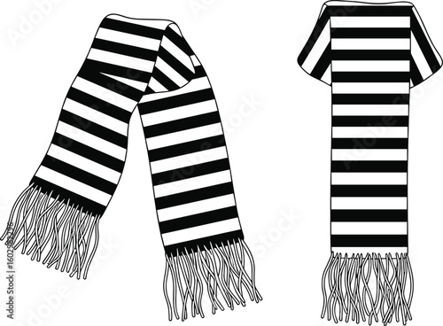 CAD drawing flat vector illustration of striped winter scarf with fringes front and draped view technical fashion accessory template