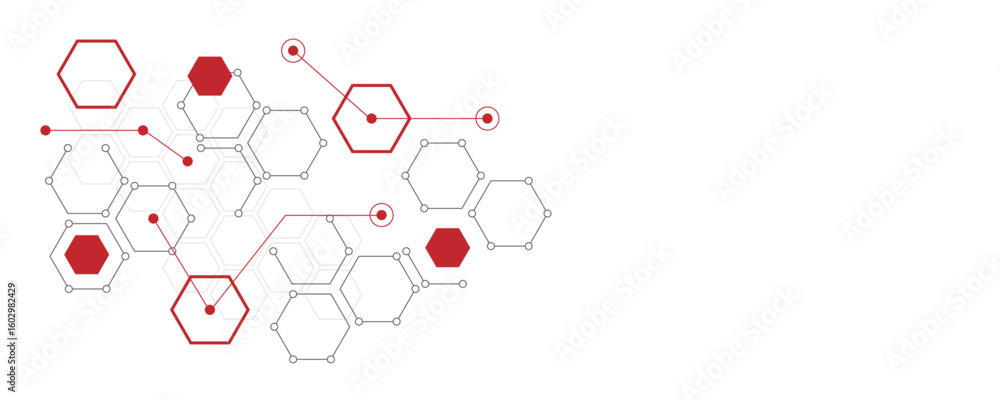 Abstract gray and red color geometric hexagon pattern. Creative medical science and technology background design.