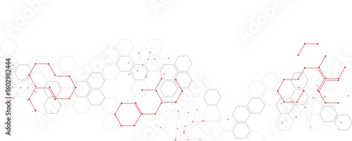 Abstract gray and red color geometric hexagon pattern. Creative medical science and technology background design.