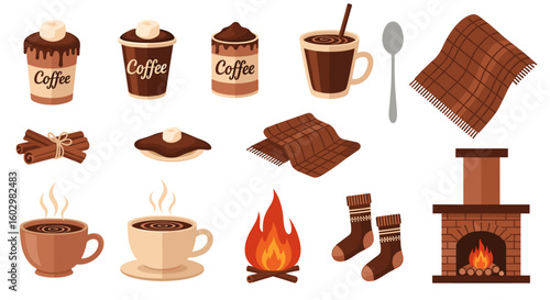 Collection of cozy winter elements including coffee drinks fireplace and warm accessories layout illustration