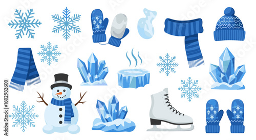 Illustration showing a collection of winter themed items including a snowman snowflakes and ice skates