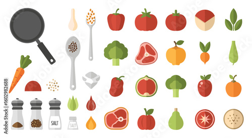 Illustration of cooking ingredients and utensils including vegetables and seasoning items displayed