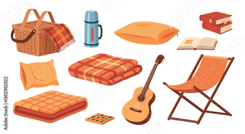 Illustration of picnic basket, thermos, pillows, books, blankets, guitar, and folding chair items set