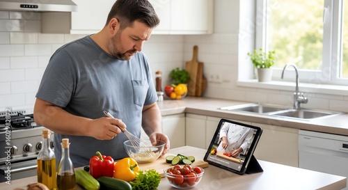 An overweight man, focused and engaged, learning to cook a healthy meal by following an online tutorial on a tablet in his kitchen.