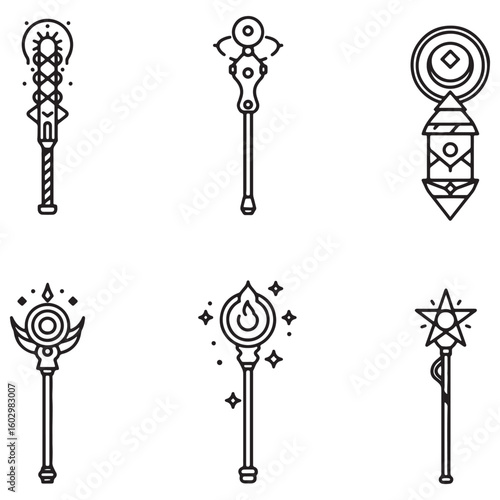 Six minimalist vector illustrations of magic wands with different symbols and styles