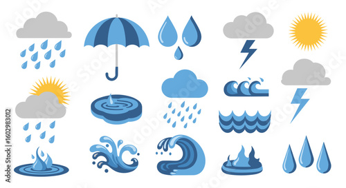 Weather icons set featuring rain clouds sun umbrella lightning and various water related elements design