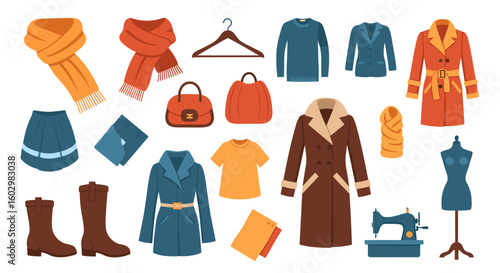 Illustration of various clothing items including coats scarves dresses and accessories on white background