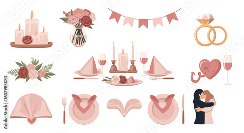 Illustration of romantic wedding dinner setup with flowers candles and couple embracing image design