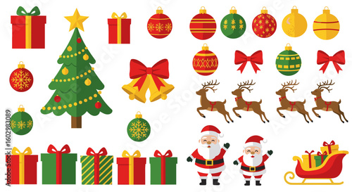 Christmas themed vector illustration with gifts santa claus reindeer and a decorated christmas tree holiday