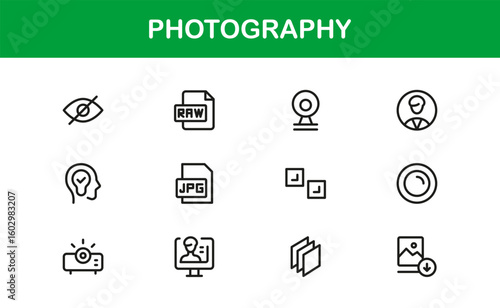 Photography mastery captured with minimal clarity, premium modern vector line icon collection showcasing camera, DSLR, lens, tripod, flash, studio gear symbols