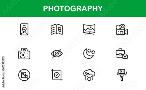 Photography mastery captured with minimal clarity, premium modern vector line icon collection showcasing camera, DSLR, lens, tripod, flash, studio gear symbols