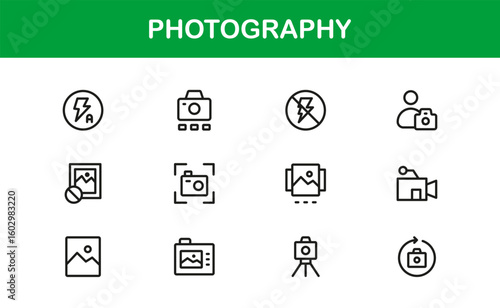 Photography mastery captured with minimal clarity, premium modern vector line icon collection showcasing camera, DSLR, lens, tripod, flash, studio gear symbols