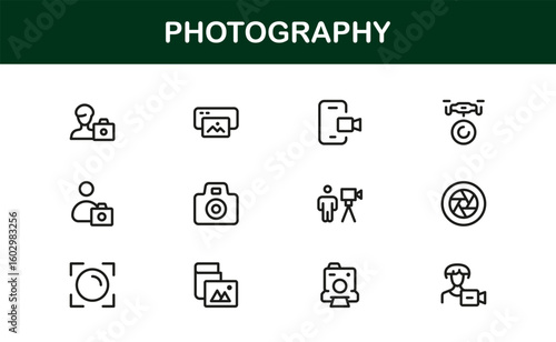Photography mastery captured with minimal clarity, premium modern vector line icon collection showcasing camera, DSLR, lens, tripod, flash, studio gear symbols