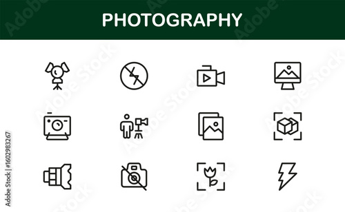 Photography mastery captured with minimal clarity, premium modern vector line icon collection showcasing camera, DSLR, lens, tripod, flash, studio gear symbols