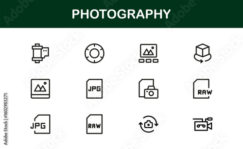 Photography mastery captured with minimal clarity, premium modern vector line icon collection showcasing camera, DSLR, lens, tripod, flash, studio gear symbols