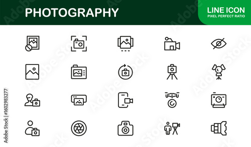 Photography mastery captured with minimal clarity, premium modern vector line icon collection showcasing camera, DSLR, lens, tripod, flash, studio gear symbols