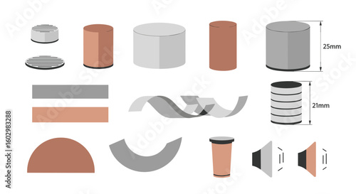 Illustration showing various cylindrical shapes and curved forms with dimensions and speaker icon design