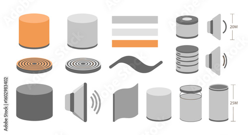 Isometric view of various speaker components including cylinders coils and sound waves in gray and orange