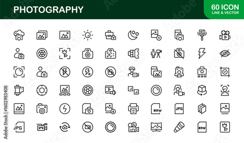 Photography mastery captured with minimal clarity, premium modern vector line icon collection showcasing camera, DSLR, lens, tripod, flash, studio gear symbols