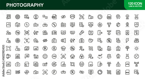 Photography mastery captured with minimal clarity, premium modern vector line icon collection showcasing camera, DSLR, lens, tripod, flash, studio gear symbols