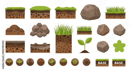 Illustration of various game assets including soil blocks rocks grass and plant life elements for game design