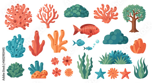 Illustration of coral reef elements including coral, fish, seaweed, and other marine life forms